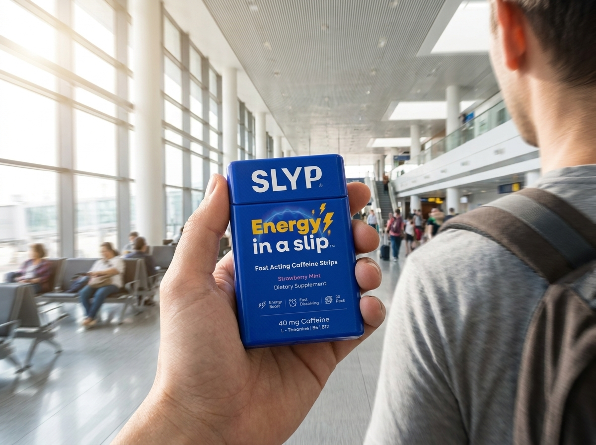 Slyp energy tin in hand on the go — clean boost anywhere