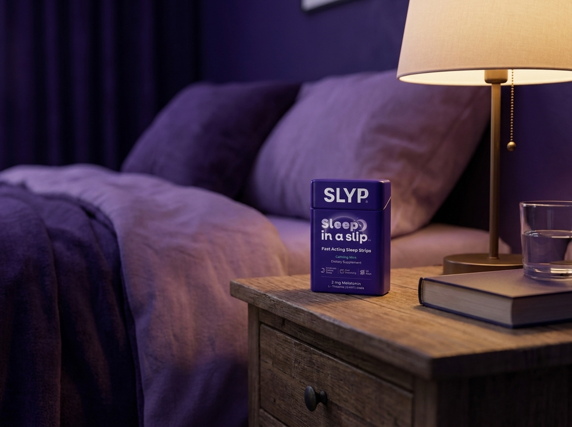Slyp tin on a calm bedside table at night