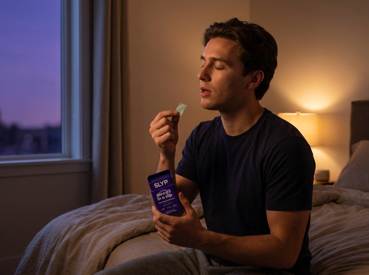 Man unwinding on the edge of his bed at dusk, taking a Slyp strip