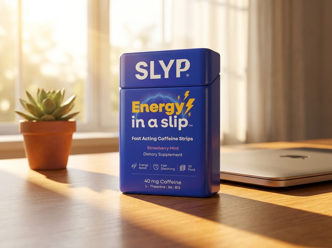 Slyp energy tin on a bright morning desk