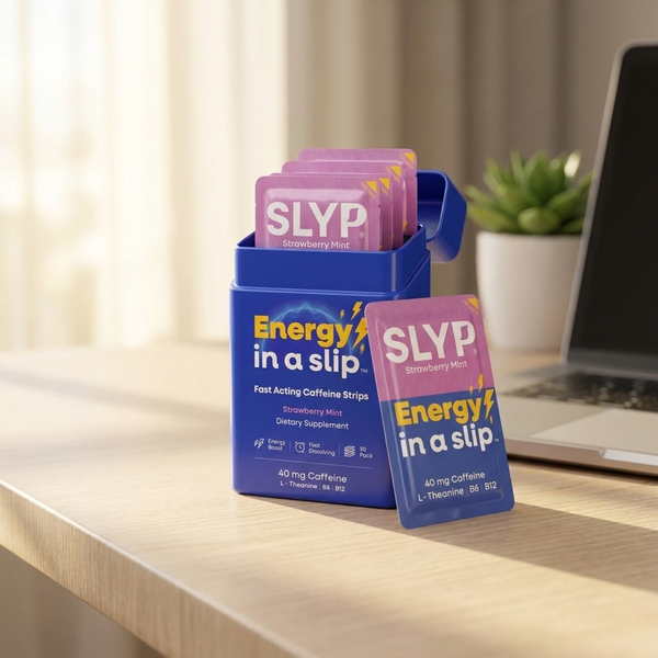 Open Slyp energy tin on a desk with foil packets