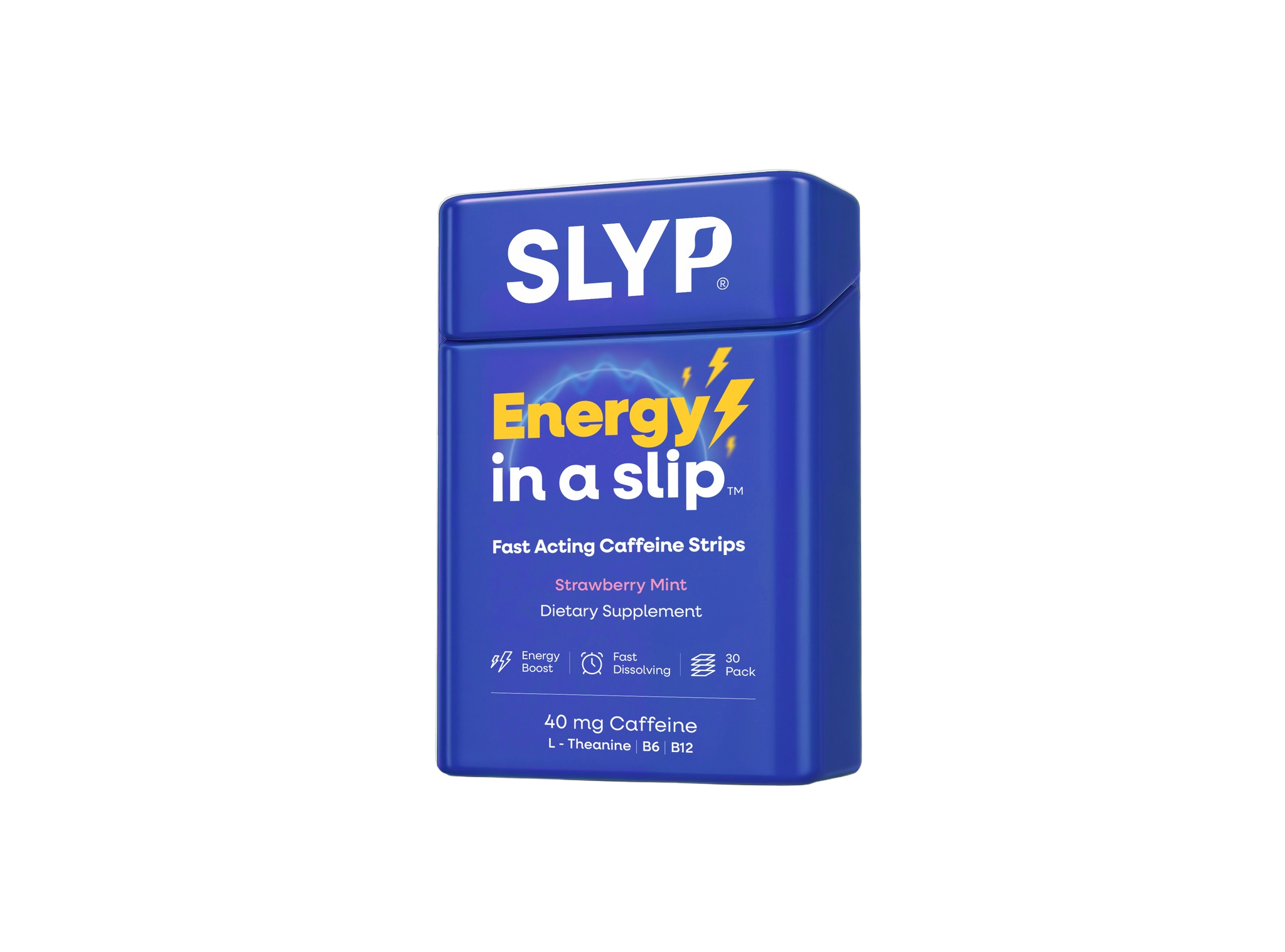 Slyp Energy in a Slip tin — Fast Acting Caffeine Strips, Strawberry Mint — popped open with single-serve foil packets fanned around it