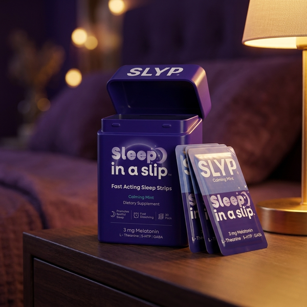 Open Slyp tin on a nightstand with foil packets