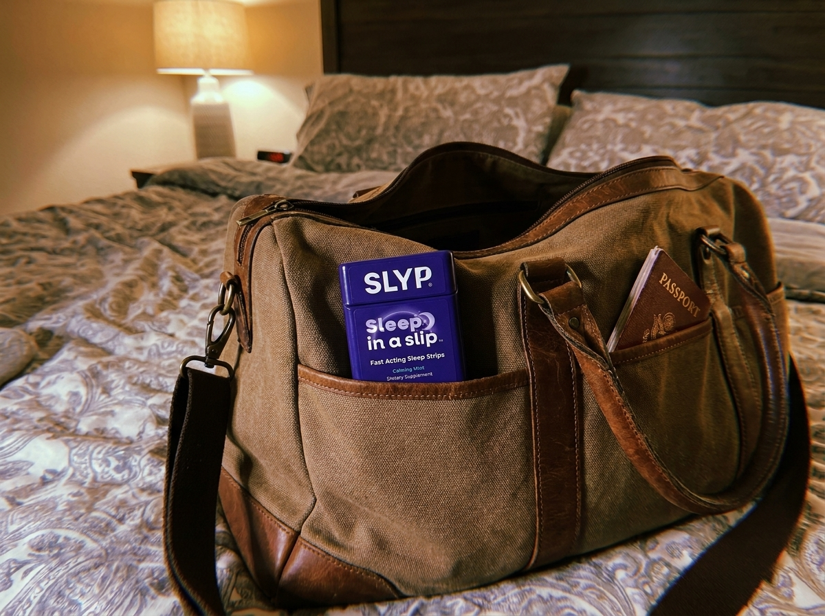 Man unwinding on the edge of his bed at dusk, taking a Slyp strip
