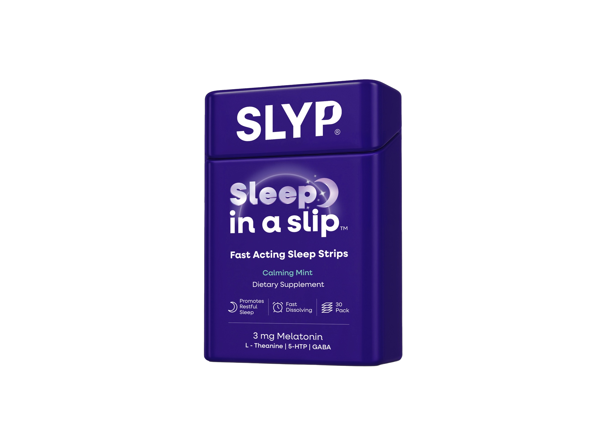 Slyp Sleep in a Slip tin — Fast Acting Sleep Strips, Calming Mint — popped open with single-serve foil packets fanned around it
